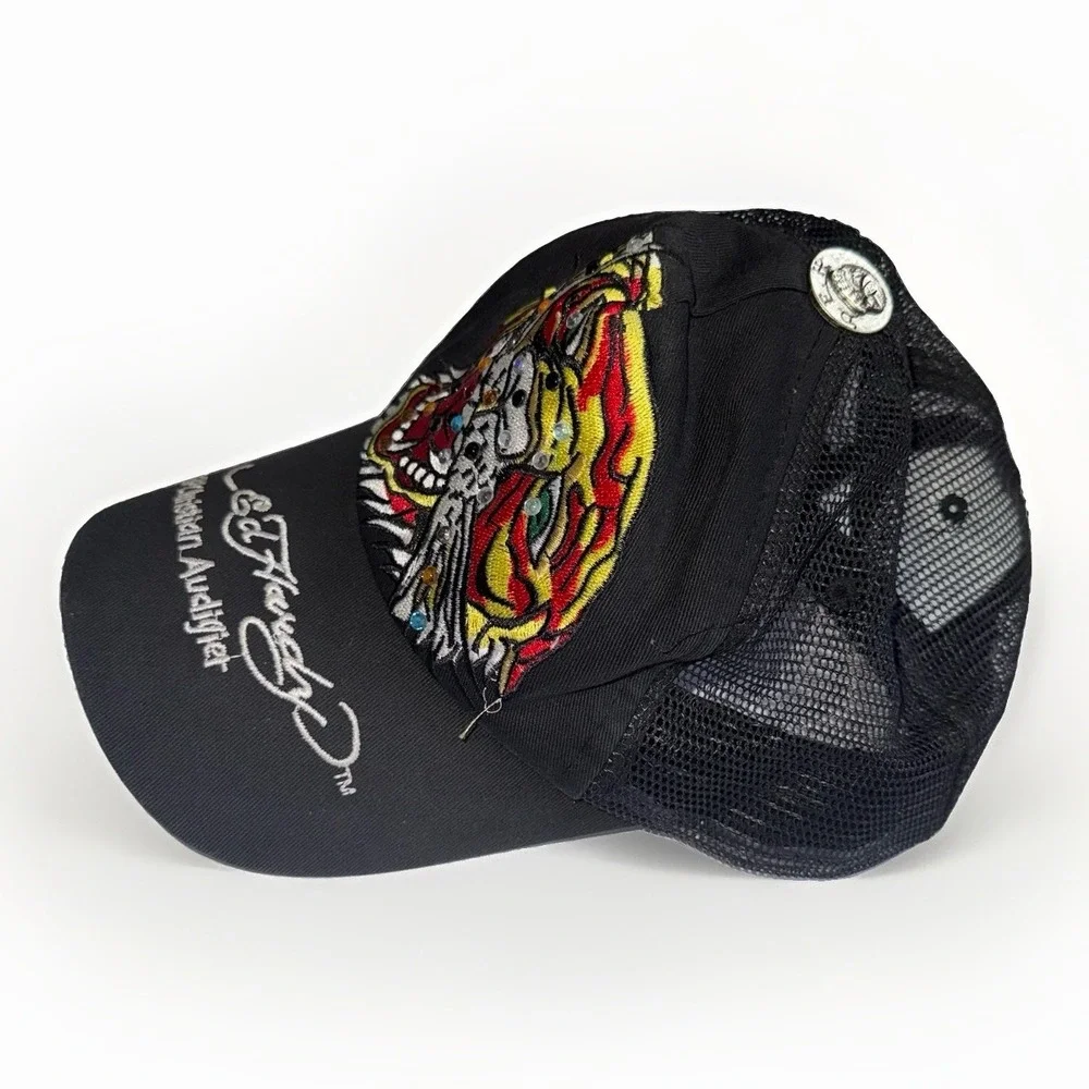 Ed Hardy Christian Audigier Tiger Rhinestone Trucker Hat Black Mesh Snapback Y2K